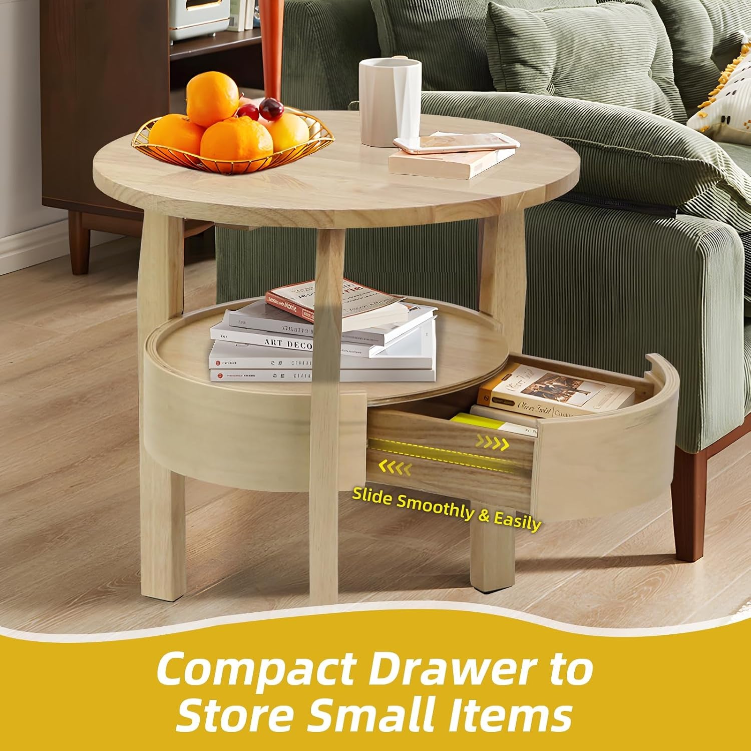 Round Coffee Table with Storage and Hidden Drawer - 20" D X 20" H Natural Wood Side Table with Sliding Drawer, Mid Century Modern Coffee Table, Small Coffee Table for Living Room, Natural Wood Color