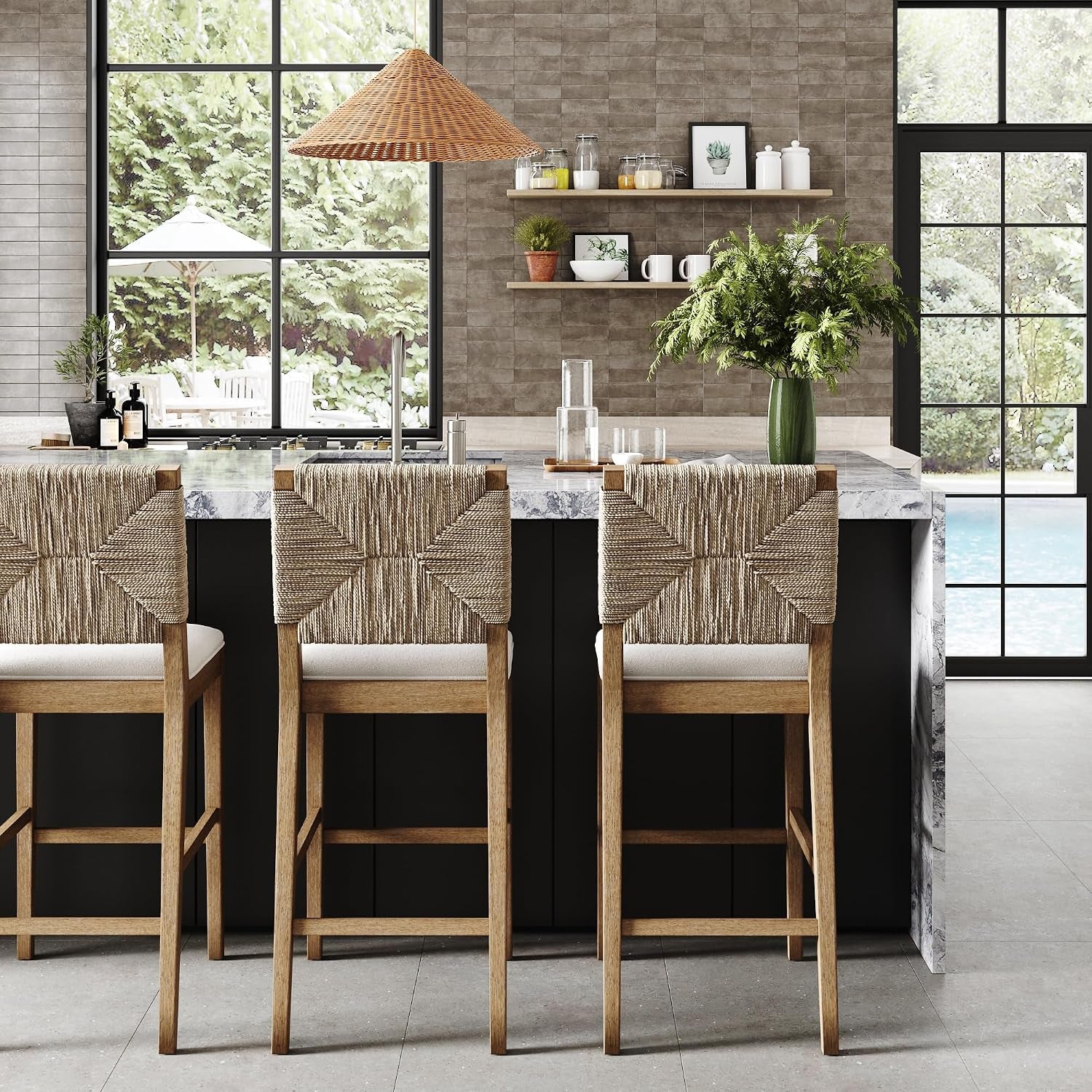 Nathan James Beacon Bohemian Boucle Bar Stool with Back, Bar Height Kitchen Island Chair, Seagrass Bar Stool, Cream Boucle/Brushed Light Brown