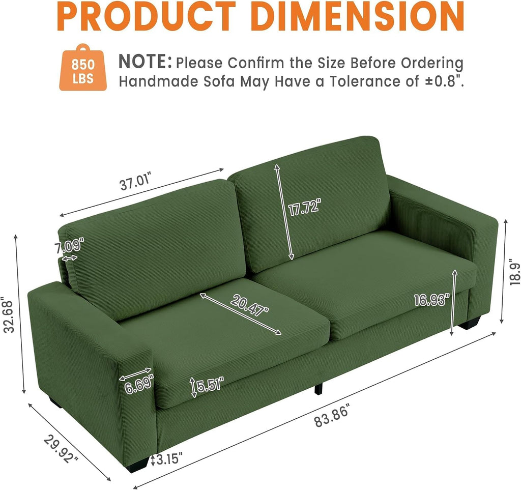 84" Corduroy Loveseat Sofa for Living Room, Modern Upholstered Sofa with Wide Armrests, Modern Plush Deep Seat Sofa Couch, Oversized Comfy 3-Seater Sofa for Living Room, Apartment, Green