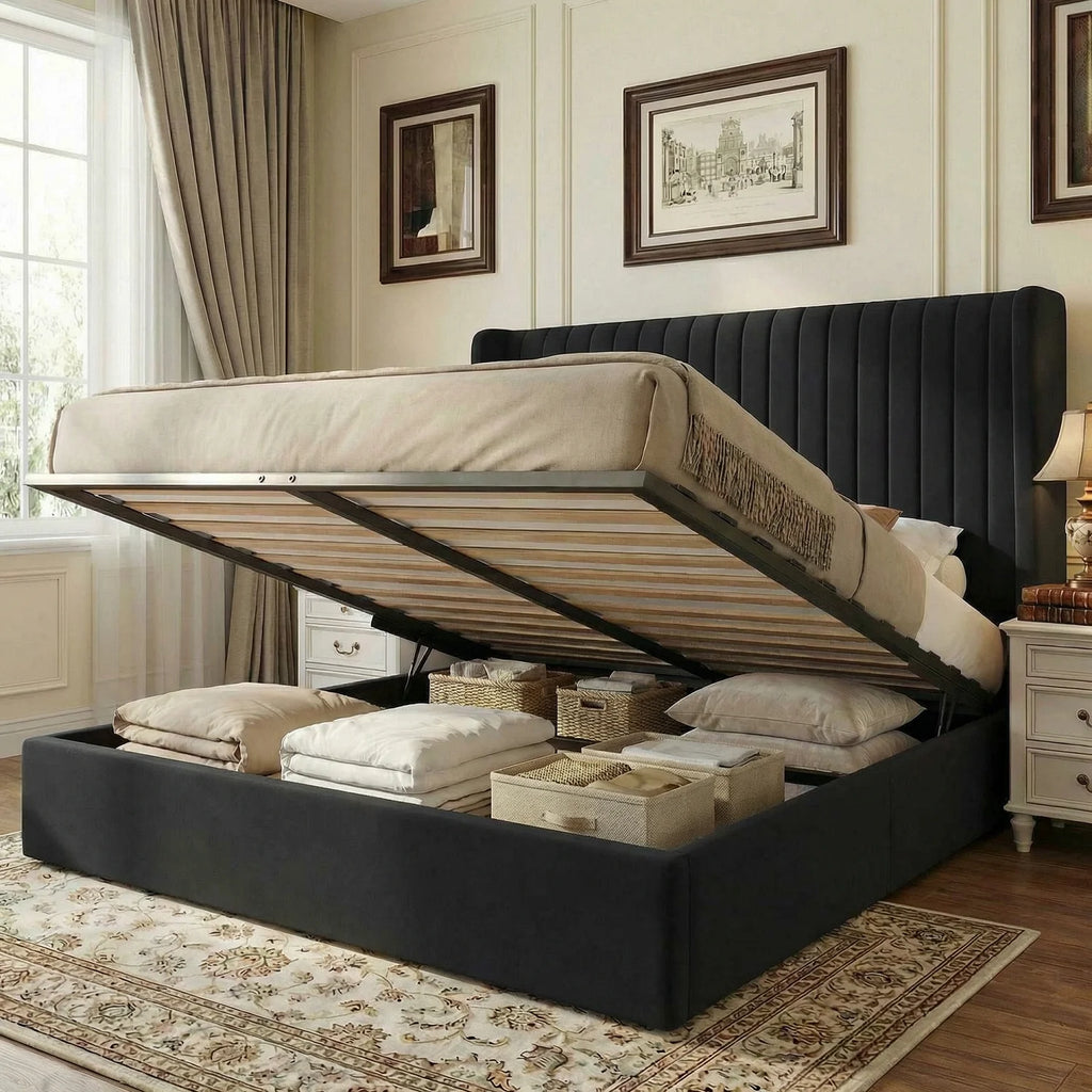 Upholstered lift up storage platform bed