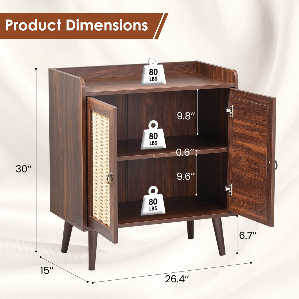 Sideboard Buffet Cabinet with Storage, Mid Century Modern Bar Liquor Cabinet with Rattan Doors for Dining Room