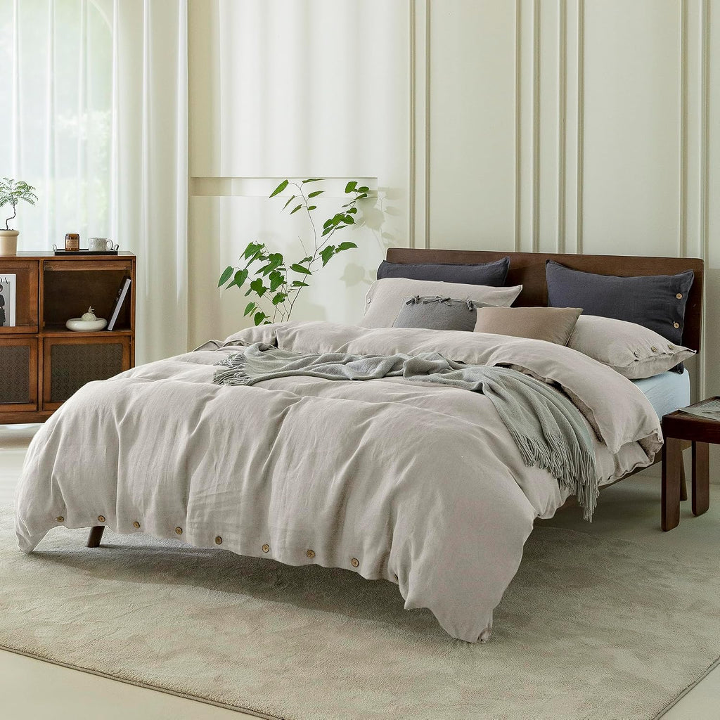 100% Pure Linen Duvet Cover Set King Size 104X90 Inch 3 Pieces (1 Duvet Cover, 2 Pillowcases) Soft and Breathable for All Season with Coconut Button Closure, Suitable for Hot Sleepers