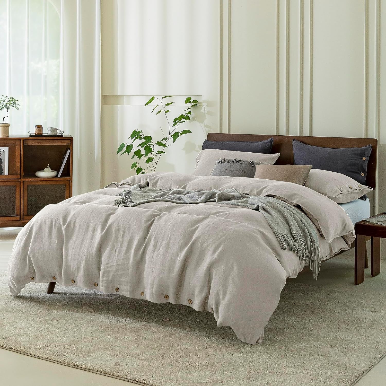 100% Pure Linen Duvet Cover Set King Size 104X90 Inch 3 Pieces (1 Duvet Cover, 2 Pillowcases) Soft and Breathable for All Season with Coconut Button Closure, Suitable for Hot Sleepers