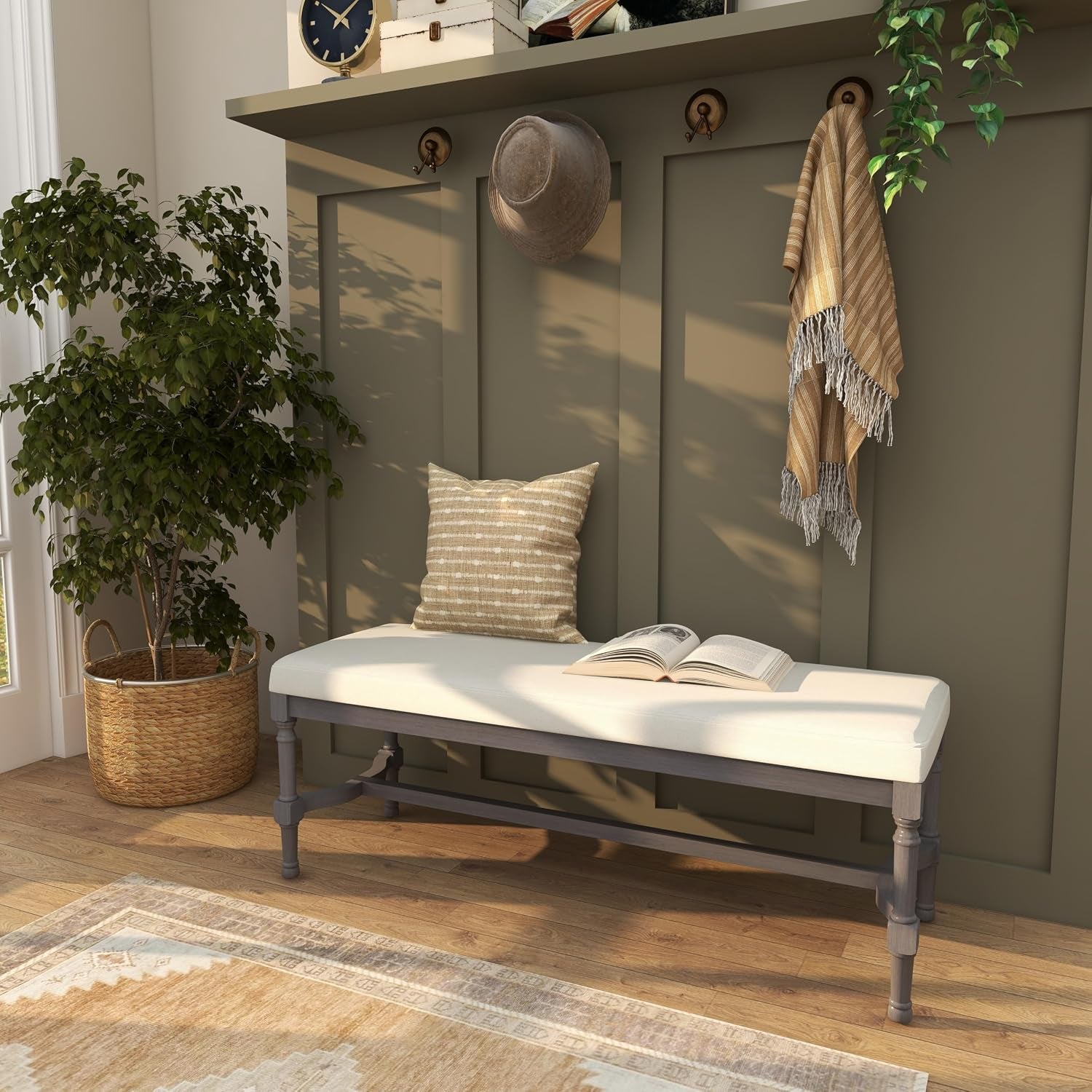 Grey wood entryway bench with burlap seat
