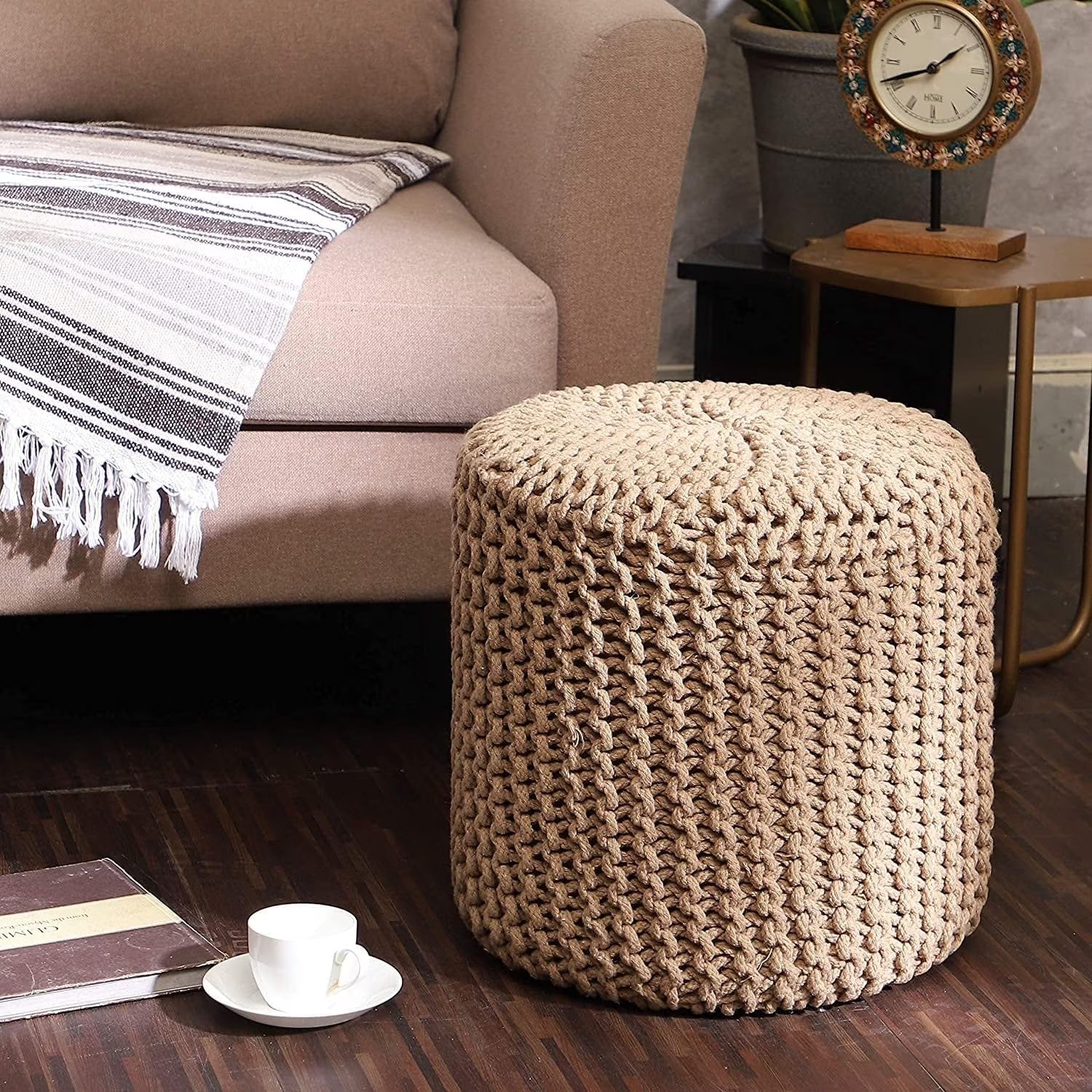 ·  · Cylindrical Hand Knitted Pouf - Foot Stool Ottoman - Cord Boho Pouffe - Cotton round Poof for Home Decor - Living Room - Nursery - Bedroom - Patio (16"X16"X16") - Beige, Set of 2