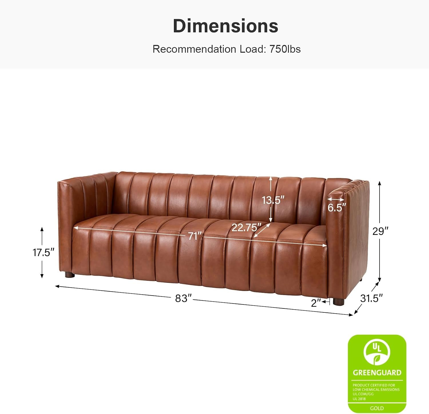 83" Genuine Leather Sofa with Channel Tufted Design, Brown | Modern 3-Seater Couch with Wood Legs, Supportive Seating, Easy Assembly, for Living Room Bedroom Apartment