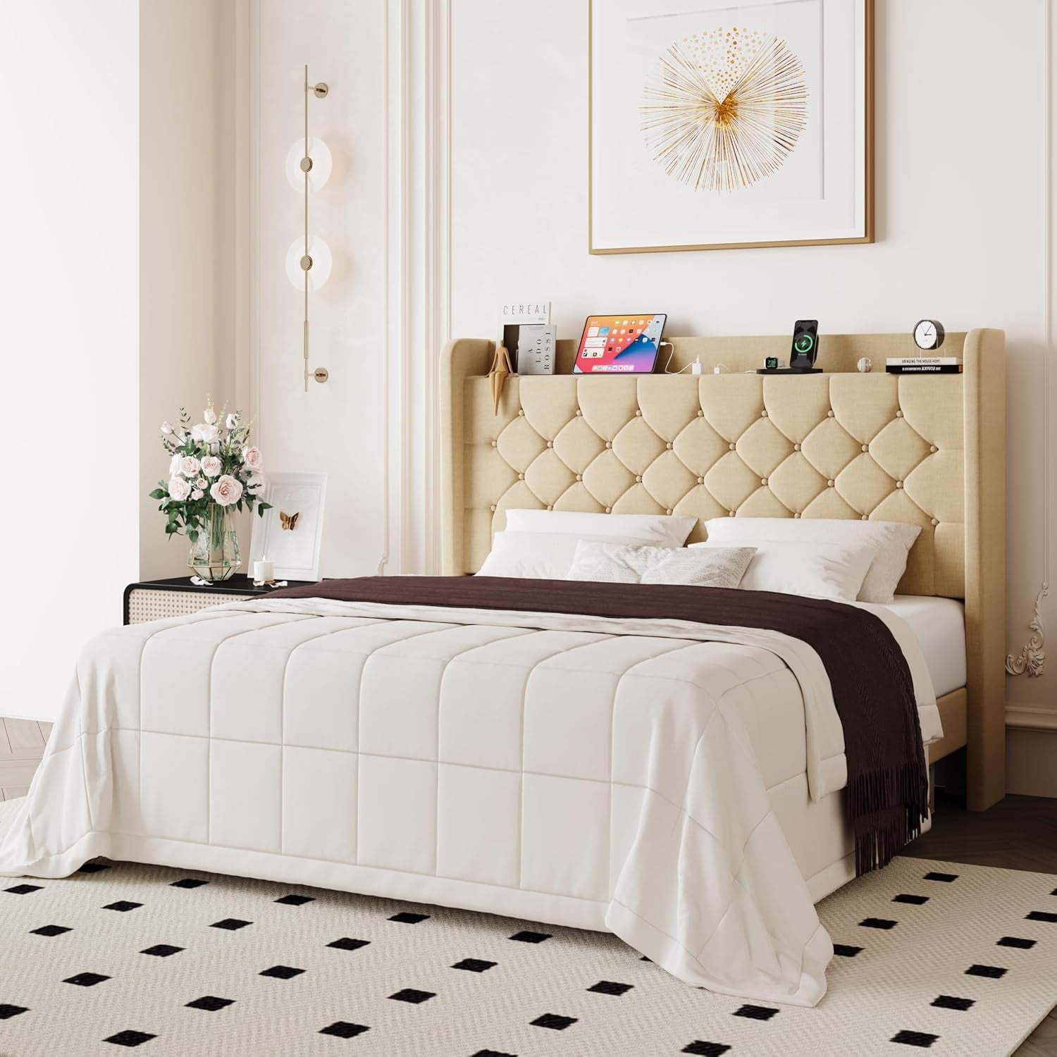 Queen Bed Frame, Storage Headboard & Charging Station, Beige | Velvet Upholstered Platform Bed with Button Tufted Wingback Headboard, No Box Spring Needed, Noise-Free, Easy Assembly
