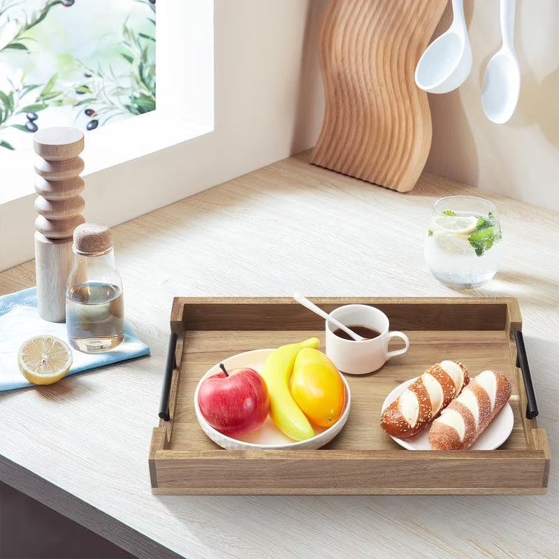 Acacia Wood Serving Tray with Metal Handles, 17X12 Inch Decorative Ottoman Tray for Coffee Table, Breakfast in Bed Tray, Multipurpose Serving Tray for Living Room, Kitchen, Bar