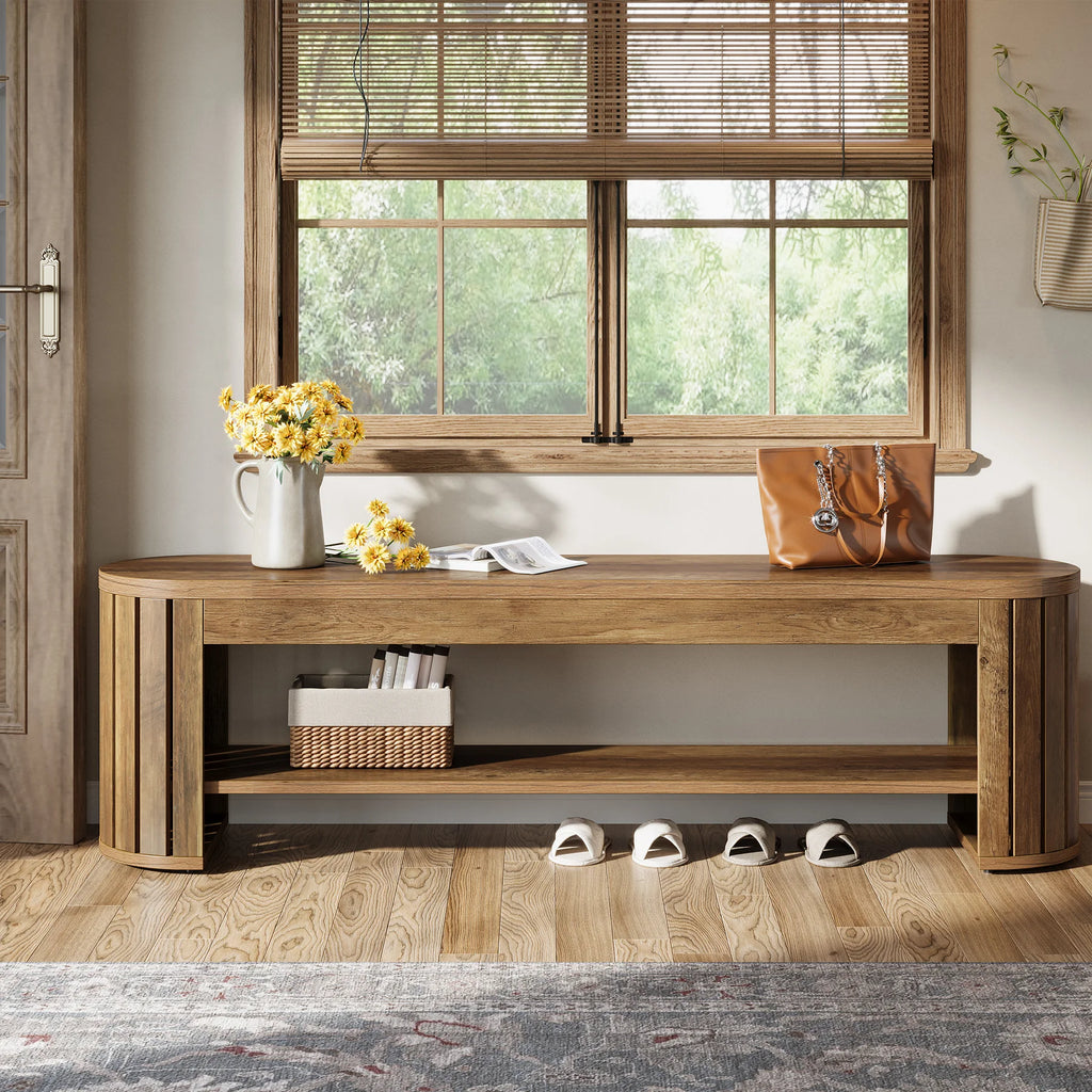Tribesigns 63" Wooden Entryway Bench with Shoe Storage, Long 2-Tier Narrow Shoe Bench with Arc Vertical Slat Splicing Legs, End of Bed Stool for Bedroom, Entrance, Living Room (Brown)