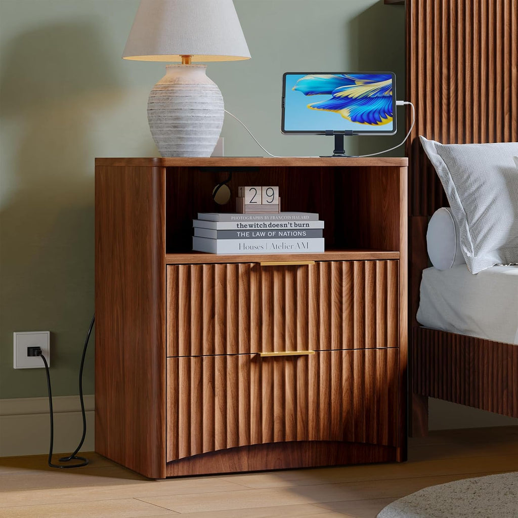 Fluted Nightstand with Charging Station and 2 Drawers, Walnut | Mid Century Modern End Table with Drawer and Storage, Large Wood Night Stand for Bedroom, Living Room, Apartment