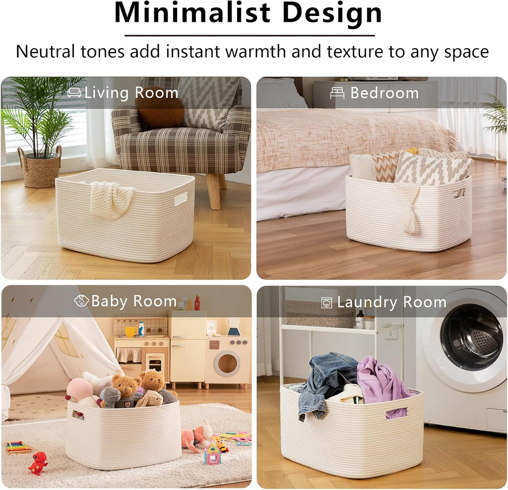 75L Large Blanket Basket, Woven Cotton Rope Baskets for Organizing, 22”X17”X12”, Blanket Basket Living Room, Bedroom, Nursery, Dog Toy Storage Bins, White