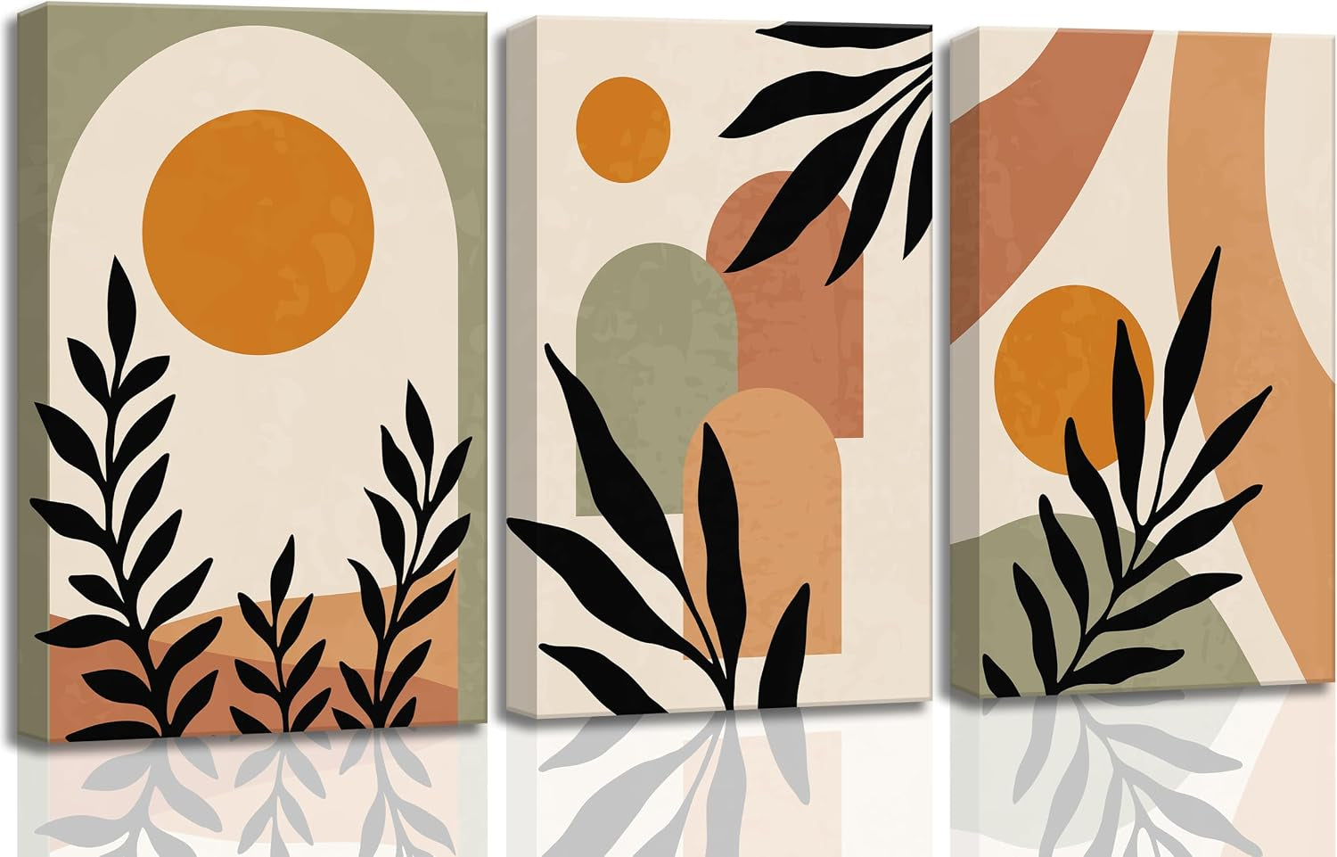 3 Pcs Mid Century Modern Boho Sun Canvas Wall Art | Neutral Abstract Minimalist Bohemian Mountains Plants Picture Wall Decor Poster Prints Artwork for Bedroom Living Room Home