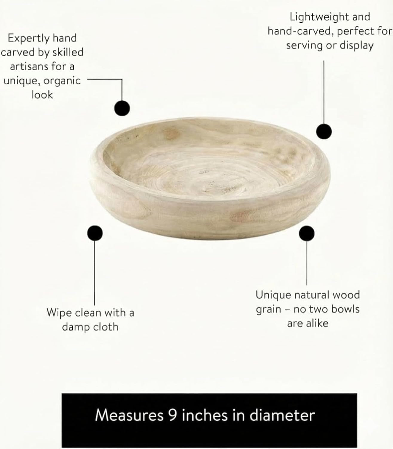 Wooden Decorative Bowl – Hand Carved Natural Wood Fruit Bowl, Rustic Farmhouse Dough Bowl Decor, Wooden Serving Bowl for Coffee Table, Entryway Key Bowl or Kitchen Centerpiece