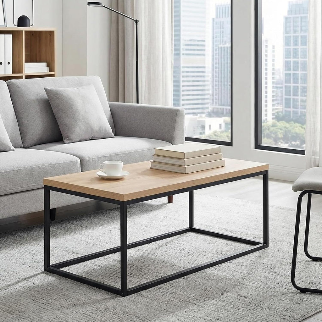 40" Natural Oak Coffee Table, Extra Thick 1.2" Top | Modern Industrial Style, Black Metal Legs, Rectangle Minimalist Design, Sturdy & Easy Assembly