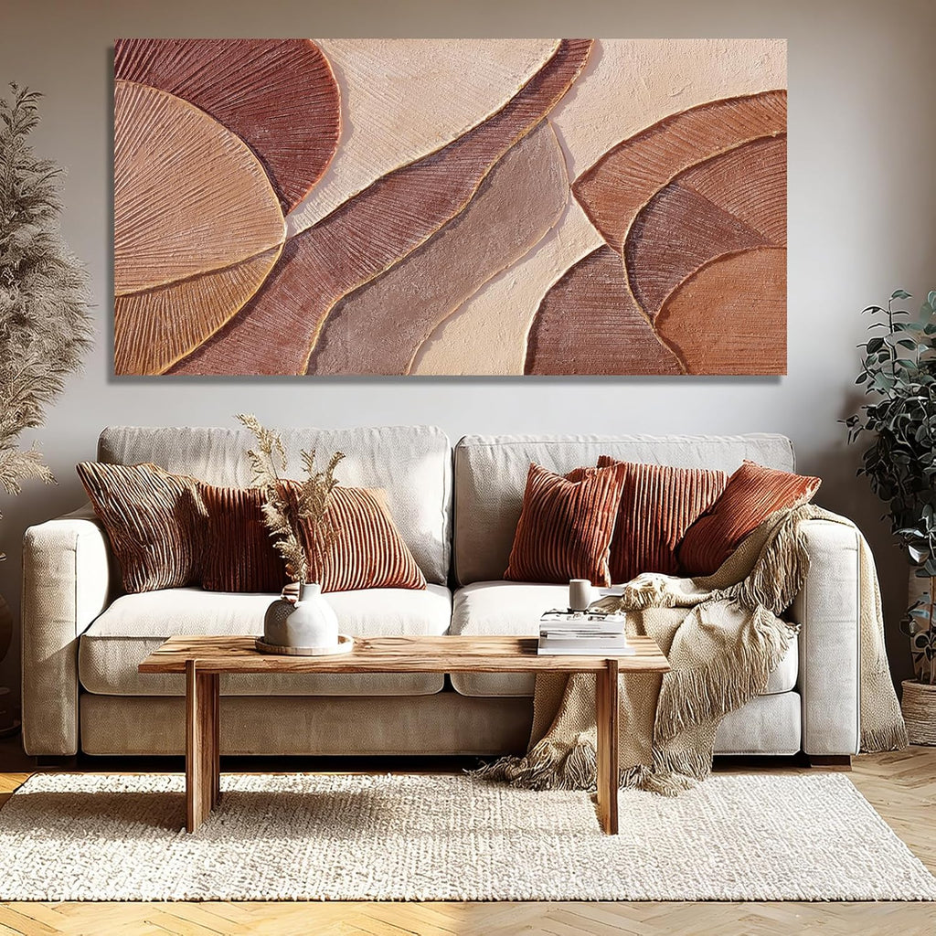 Brown Beige Abstract Wall Art, Hand Painted Oil Painting for Office, Large Textured Horizontal Wall Decor for Living Room Bedroom, 24X48 Inch