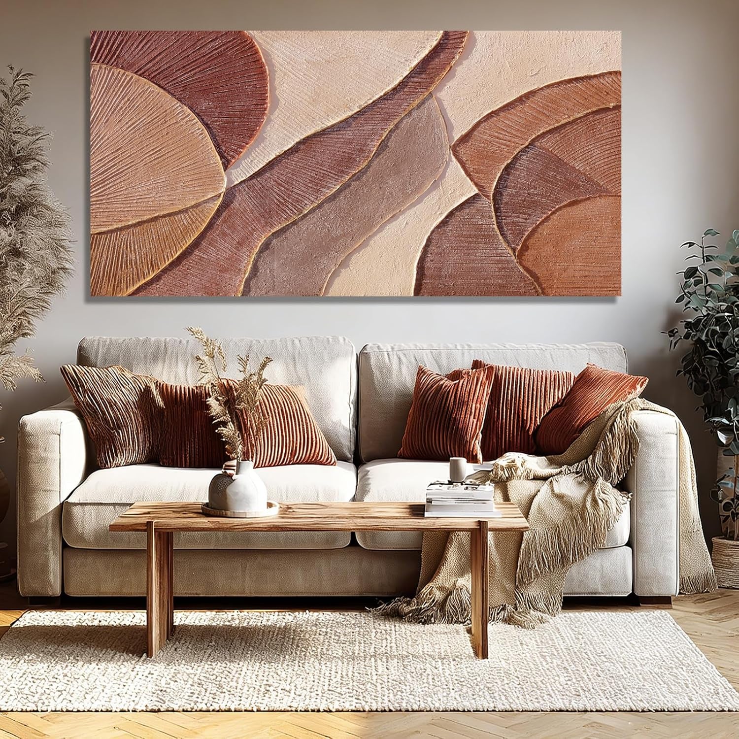 Brown Beige Abstract Wall Art, Hand Painted Oil Painting for Office, Large Textured Horizontal Wall Decor for Living Room Bedroom, 24X48 Inch