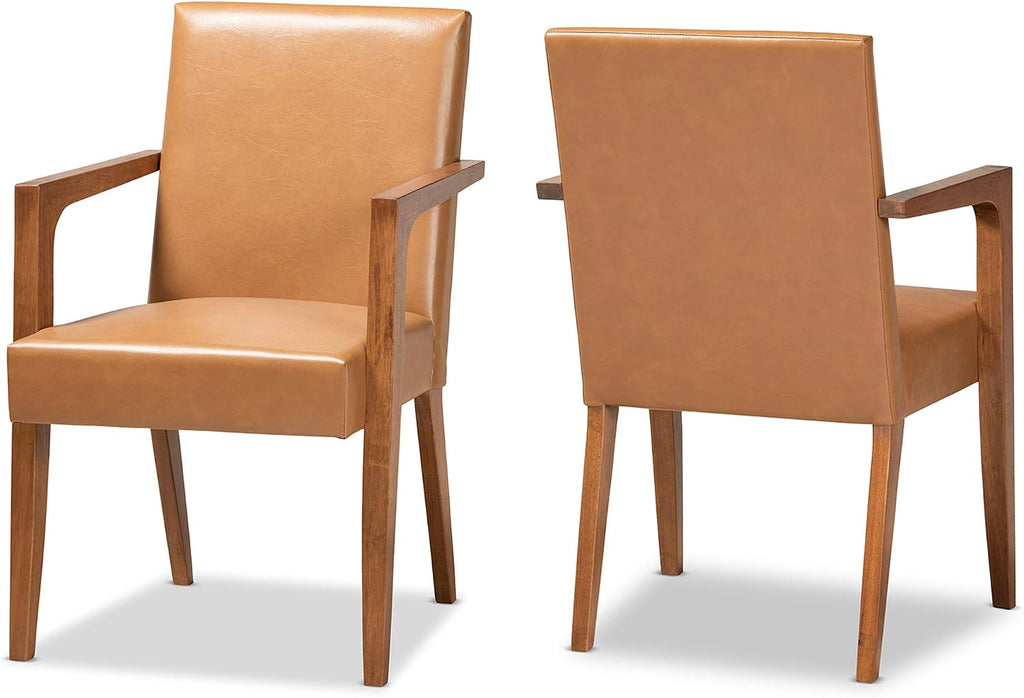 Andrea Mid-Century Modern Tan Faux Leather Upholstered and Walnut Brown Finished Wood 2-Piece Armchair Set