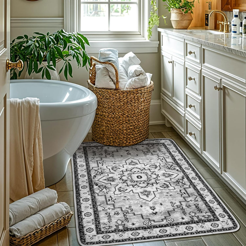 Machine Washable Rug Soft Pet Friendly Carpet 2X3 Gray | Persian Rug 2X3 for Entryway, Kitchen, Bathroom Non Slip Carpet, Foldable Stain Resistant Rugs