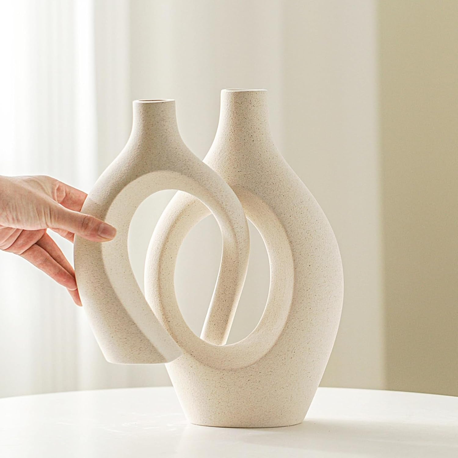 Snuggle Hollow Ceramic Vase Set of 2 for Boho Nordic Modern Decor | round Mid Century Aesthetic Decorative Vases for Home Decor Living Room Kitchen Book Shelf Decorations (Cream W 6.8" X H 11")