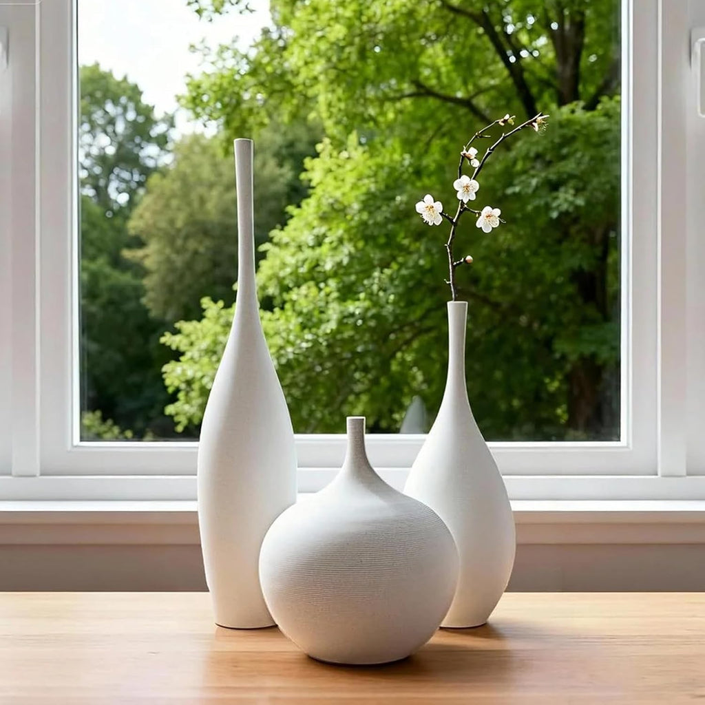 White Ceramic Vase Modern Boho Wabi-Sabi Flower Vase Set of 3 Decorative Aesthetic Vases for Centerpieces Pampas Matte Minimalist Vases for Living Room Table Shelf Home Decor Gift