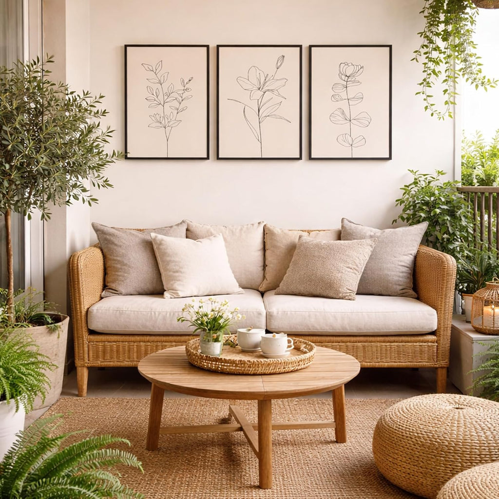 Minimalist Botanical Framed Wall Art, 3 Piece Set, 16X24 Inch | Soft Beige Palette • Delicate Linear Detail • Coordinated Gallery Look • Versatile Accent for Bedroom or Office