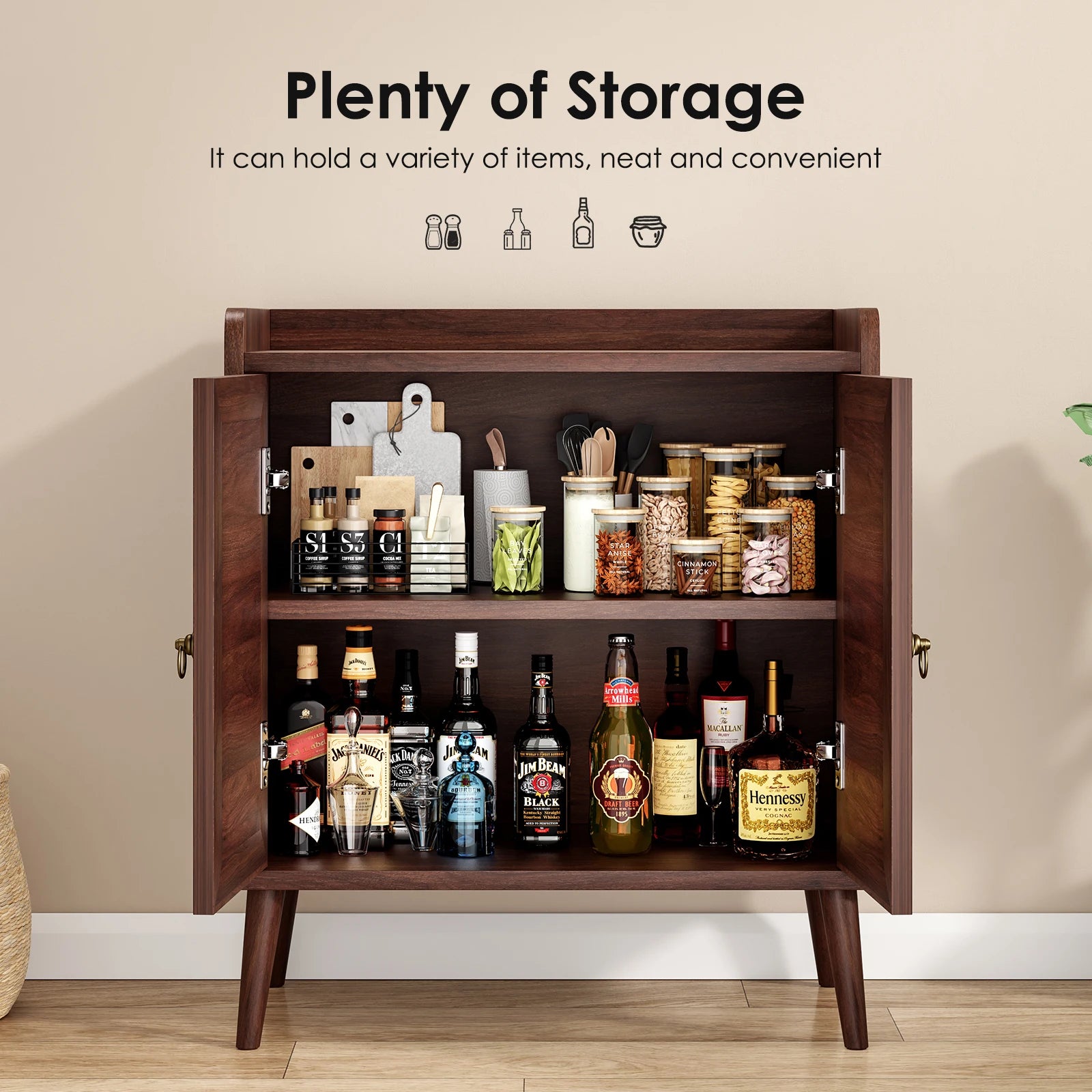 Sideboard Buffet Cabinet with Storage, Mid Century Modern Bar Liquor Cabinet with Rattan Doors for Dining Room