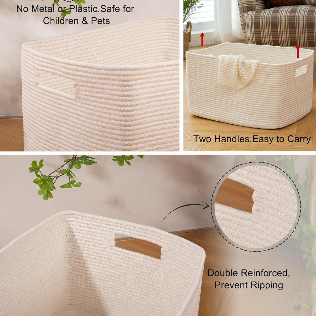 75L Large Blanket Basket, Woven Cotton Rope Baskets for Organizing, 22”X17”X12”, Blanket Basket Living Room, Bedroom, Nursery, Dog Toy Storage Bins, White