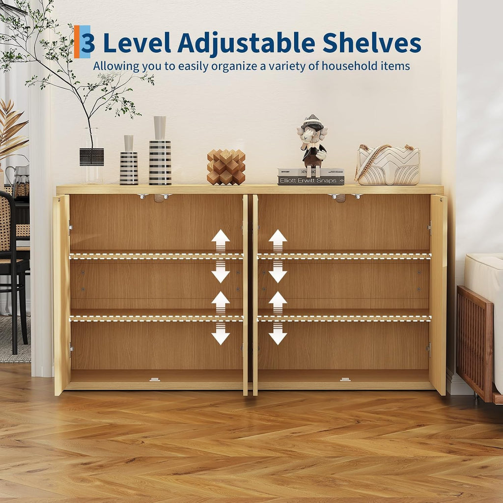 66.3In Large Sideboard Buffet Cabinet, Kitchen Modern Fluted Cupboard Coffee Bar Console Table Credenza Storage Cabinet with Adjustable Shelves for Living Room Hallway, 4 Doors