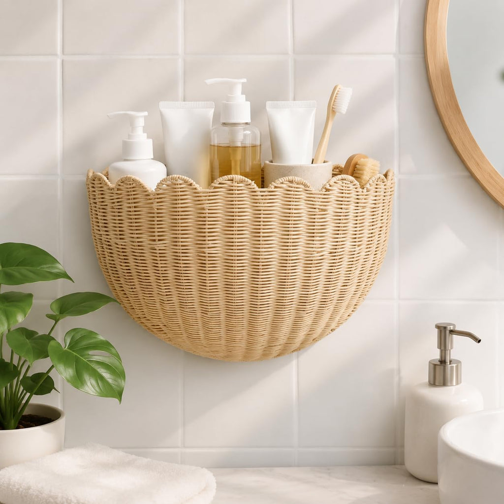 Set of 2 Scalloped Woven Rattan Wall Hanging Baskets, Decorative Wall Storage Baskets for Nursery, Bathroom, Kitchen, Farmhouse & Entryway Decor