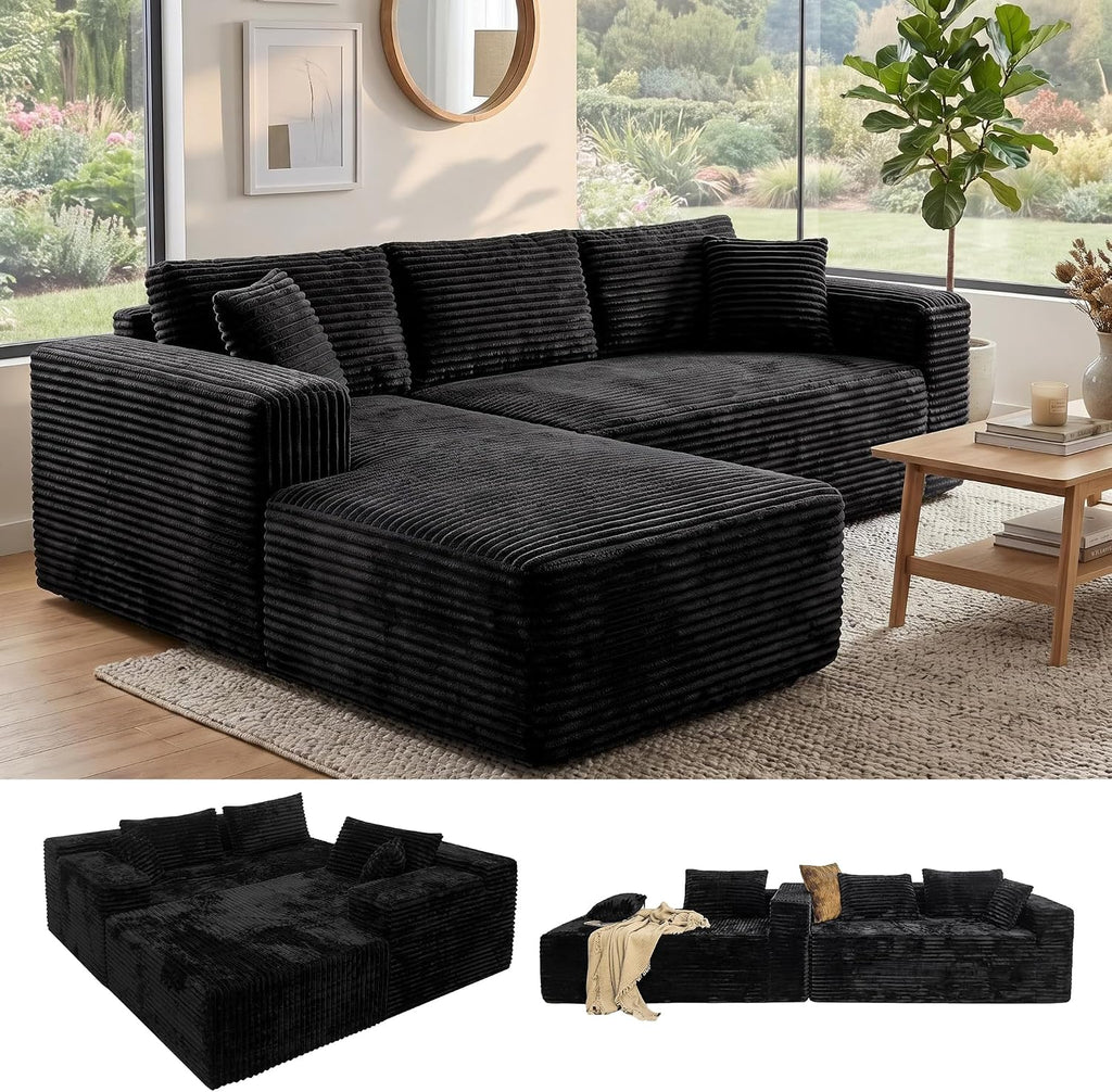 Boneless Couch Modular Sectional Sofa Cloud Couch | Oversized Deep-Seat Wide-Wale Corduroy L-Shaped Sectional Couch for Living Room, Apartment and Family Room