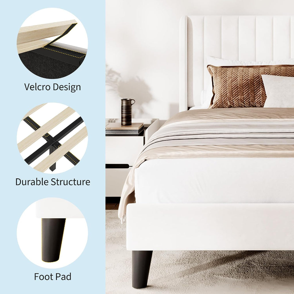 Queen Size Velvet Bed Frame/Vertical Channel Tufted Wingback Headboard/Upholstered Platform Bed/Wood Slats/No Box Spring Needed/Easy Assembly/Beige