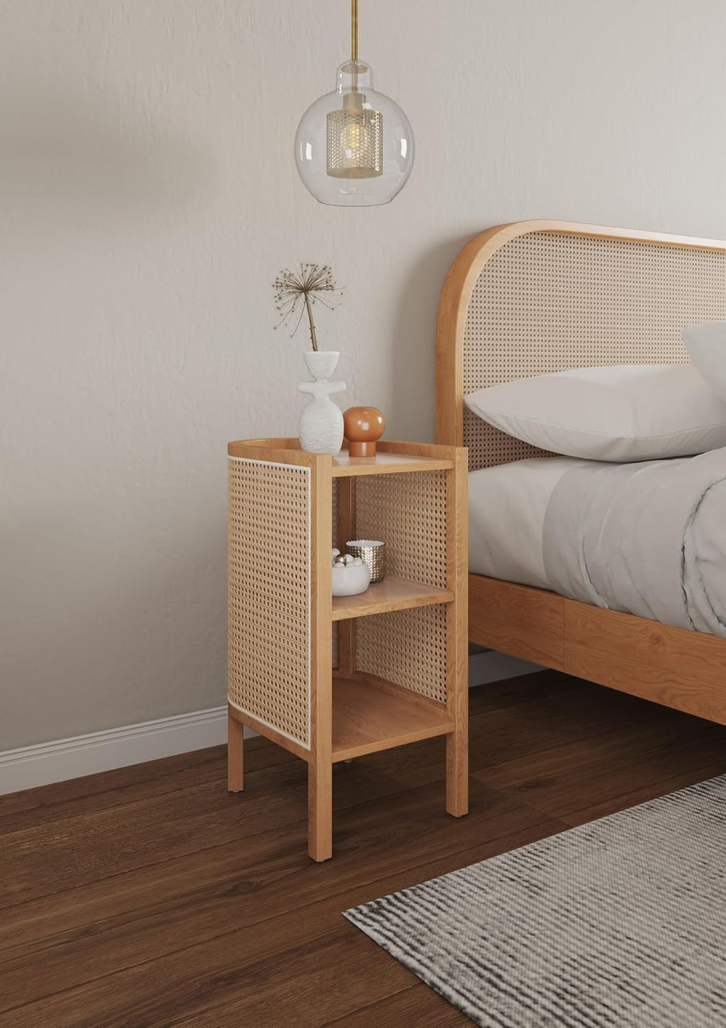 Versailles Rattan Bedside End Table Accent Sofa Side Table for Living Room, Bedroom, Study and Home Office with 2 Shelf Storage, Natural Cane