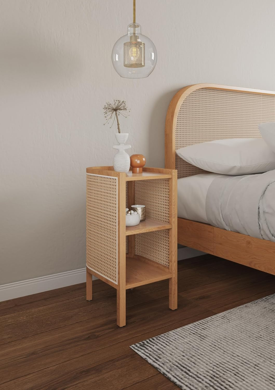 Versailles Rattan Bedside End Table Accent Sofa Side Table for Living Room, Bedroom, Study and Home Office with 2 Shelf Storage, Natural Cane