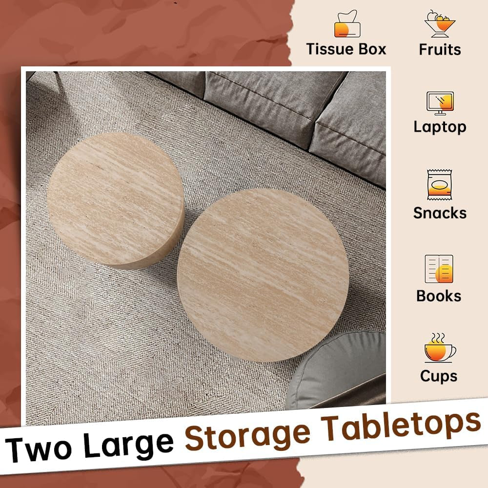 18" round Travertine Nesting Coffee Table Set of 2 (Travertine) | for Living Room, Travertine Side End Table, Nested Design, Mid Century Modern Circular Style, Non-Slip Pads, for Small Spaces
