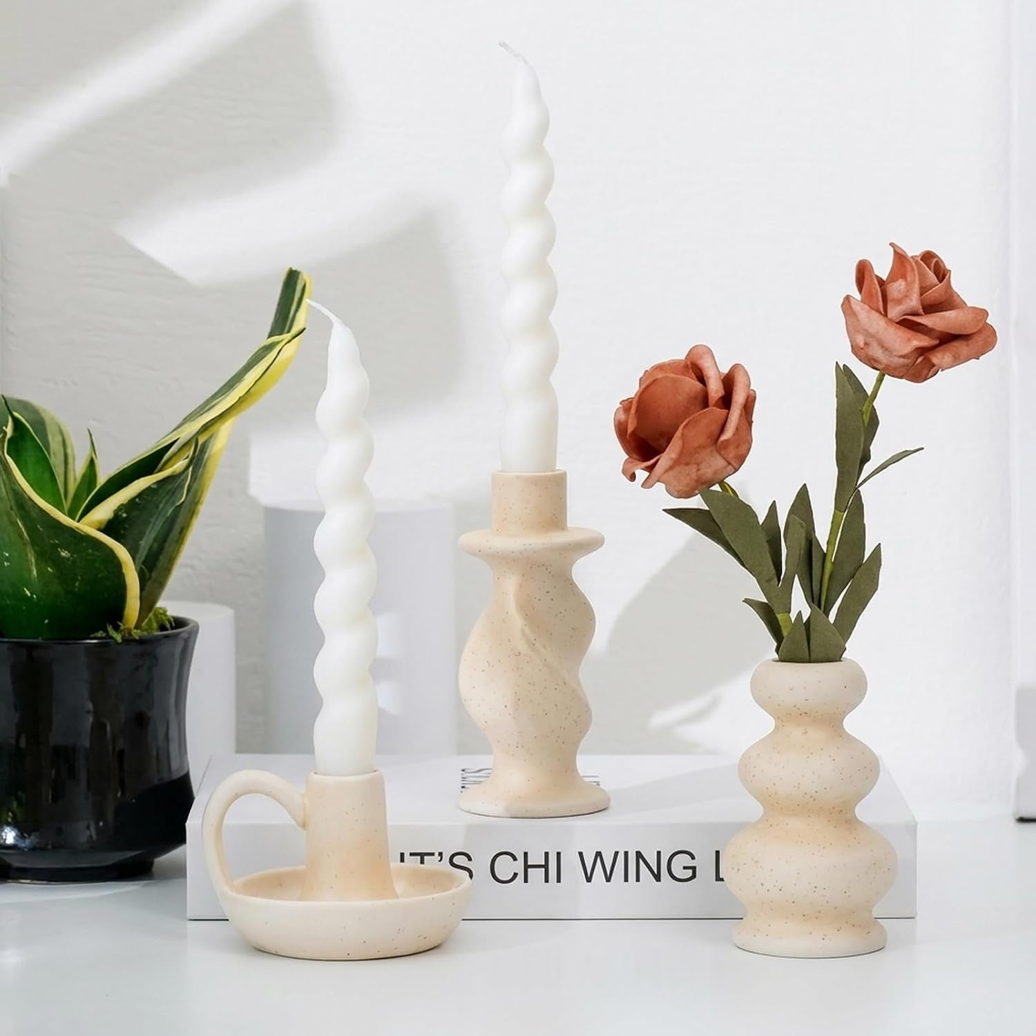 Ceramic Taper Candle Holders, Nordic Candlestick Holder Set of 3 | Cream White Modern Decorative Candle Stand for Home Decor, Dining Table Centerpiece, Housewarming Gift