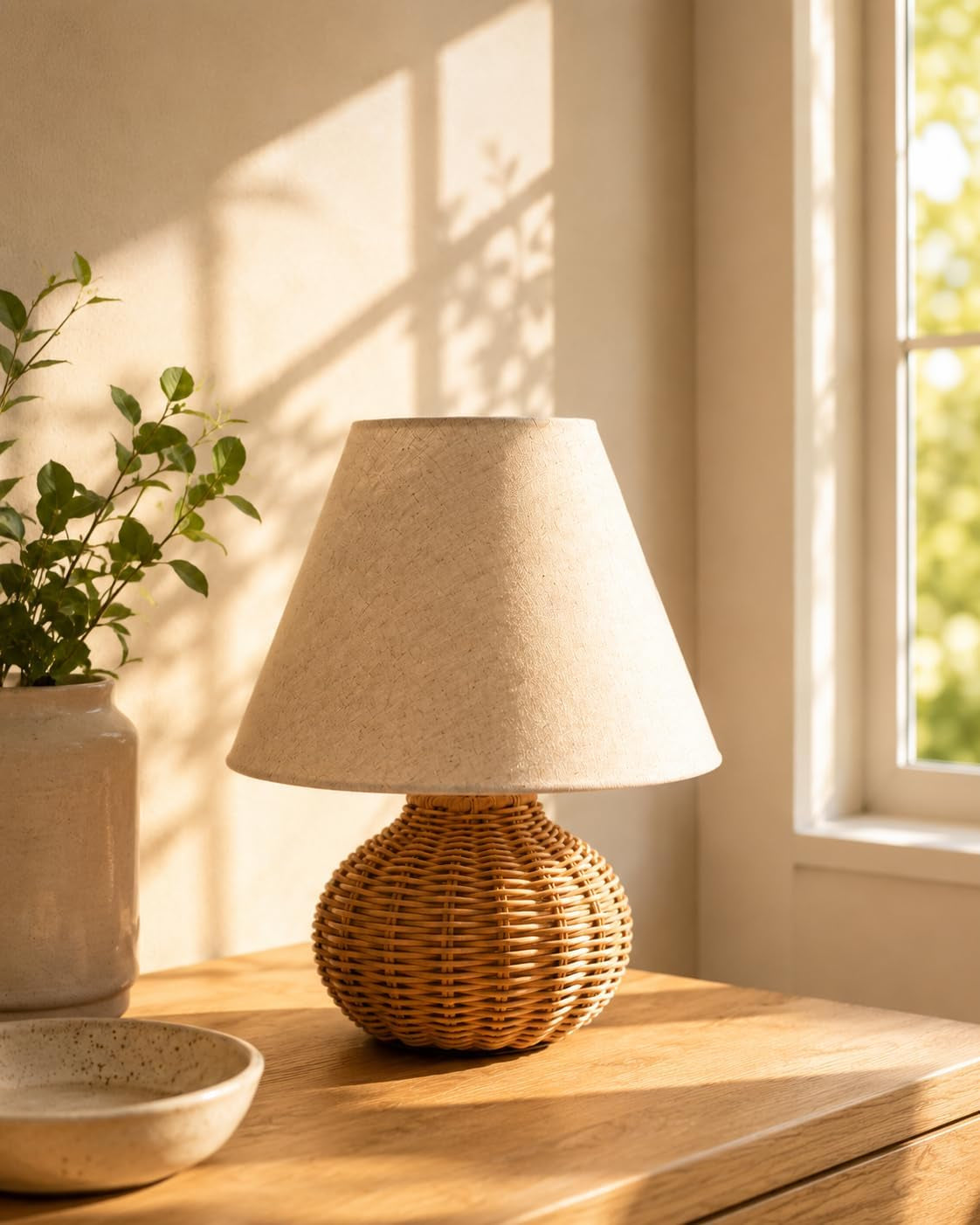11" Small Mini Wicker Table Lamp, Dimmable Rattan Bamboo Lamp with Off-White Fabric Shade, Boho Accent Light for Nightstand, Nursery, Small Spaces, Kitchen Counter, Bookshelf