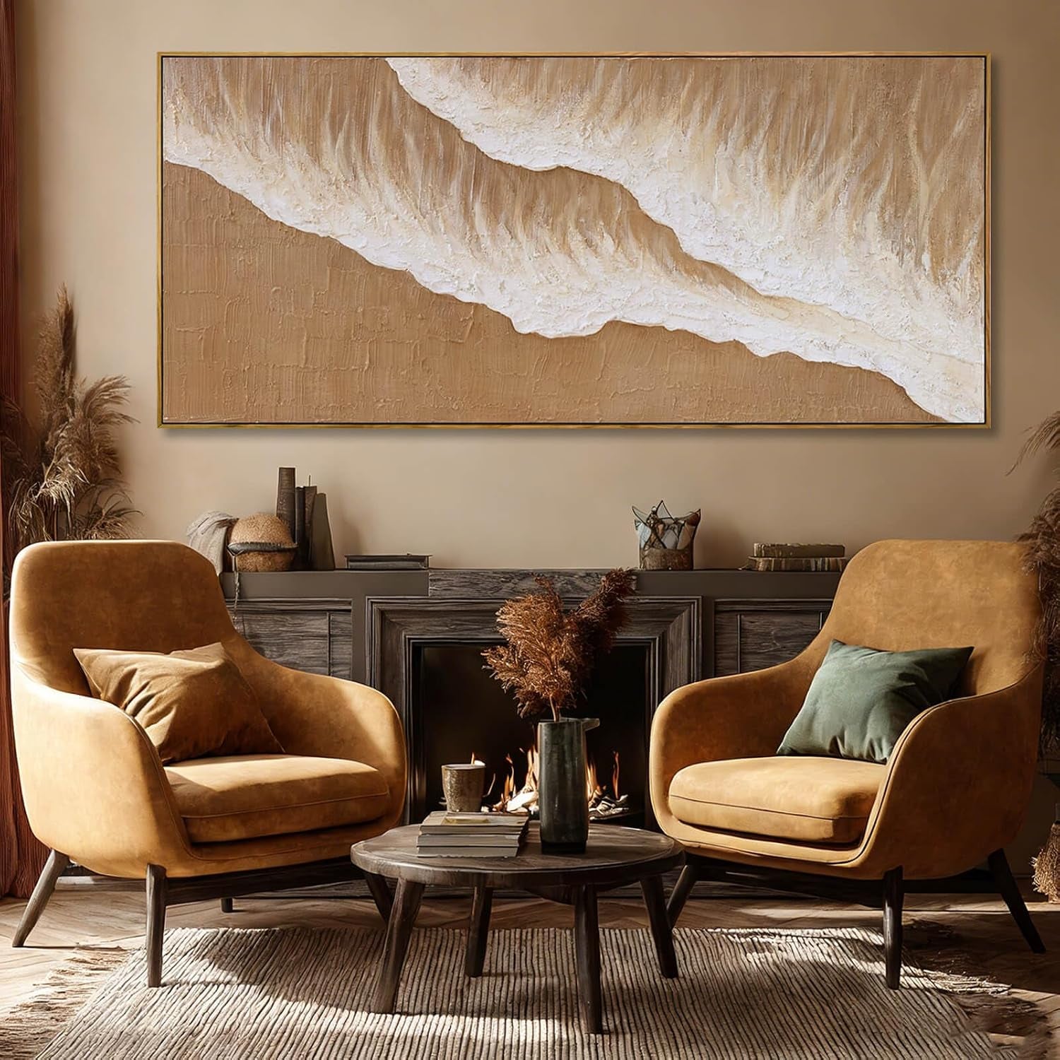 Beige Cream Neutral Abstract Wall Art, 32X70 Inch Large Framed Canvas Wall Art, Modern Horizontal Printed Artwork with Wooden Frame for Living Room