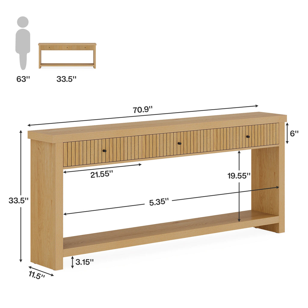 70.9 Inch Console Table with 3 Drawers, Extra Long Entryway Table, Wood Sofa Table Oak Furniture with Open Storage Shelves Wooden Couch Table