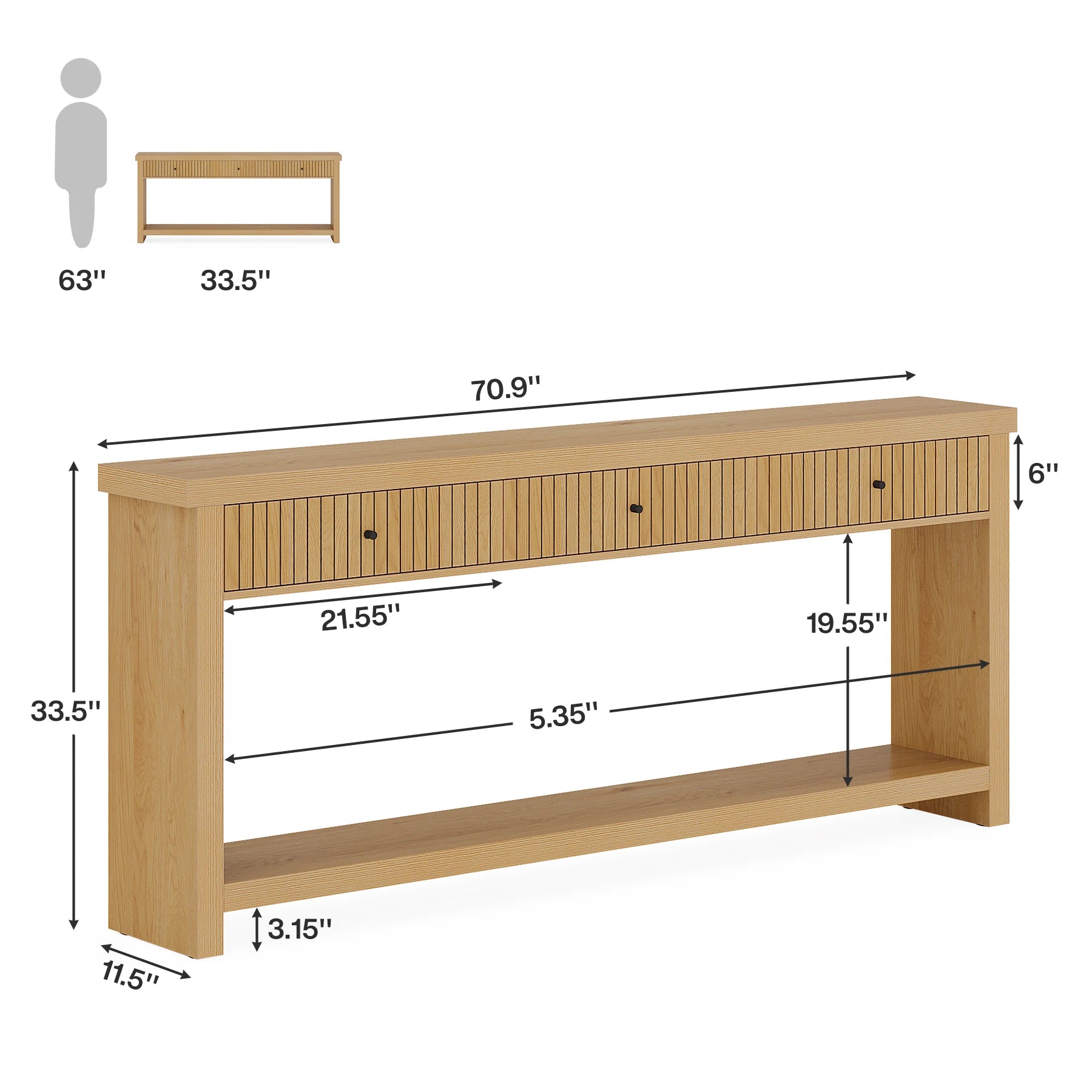 70.9 Inch Console Table with 3 Drawers, Extra Long Entryway Table, Wood Sofa Table Oak Furniture with Open Storage Shelves Wooden Couch Table