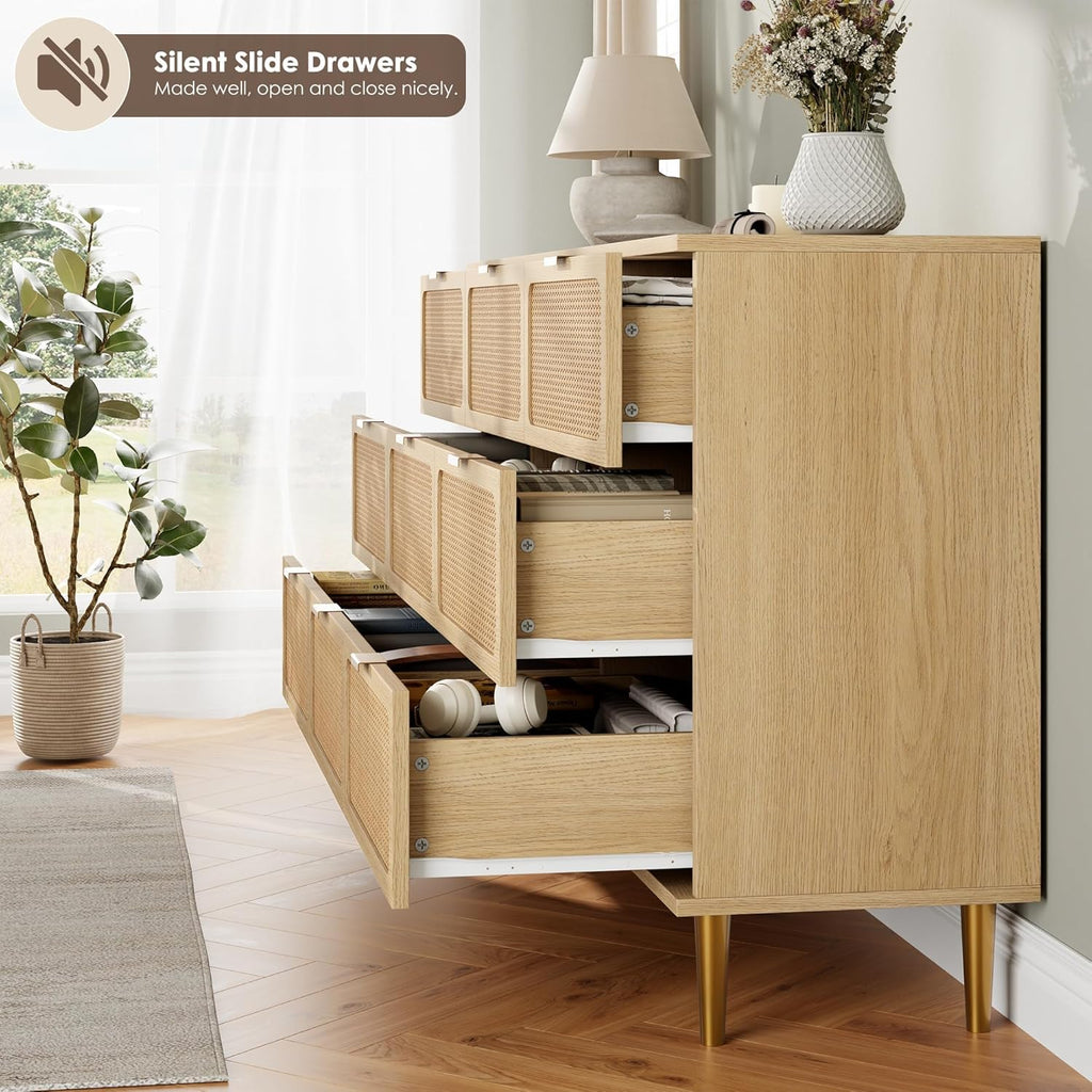 Rattan 9 Drawer Dressers for Bedroom, Deep Drawer, Natural | Tall Dresser, Wide Top, for Living Room, Hallway, Kids Room, Large Chest of Drawers for Closet, Long Wooden Dresser