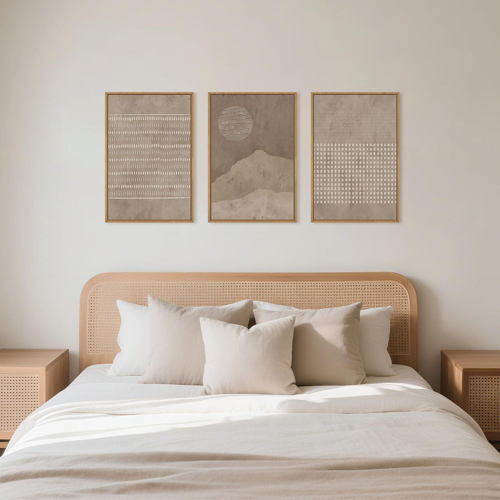 Large Mid Century Tan Beige Framed Canvas Wall Art Set-16"X24"X3 | Neutral Geometric Lines Dots Shapes Wall Decor,Abstract Boho Sunset and Mountain Artwork for Living Room,Bedroom,Office