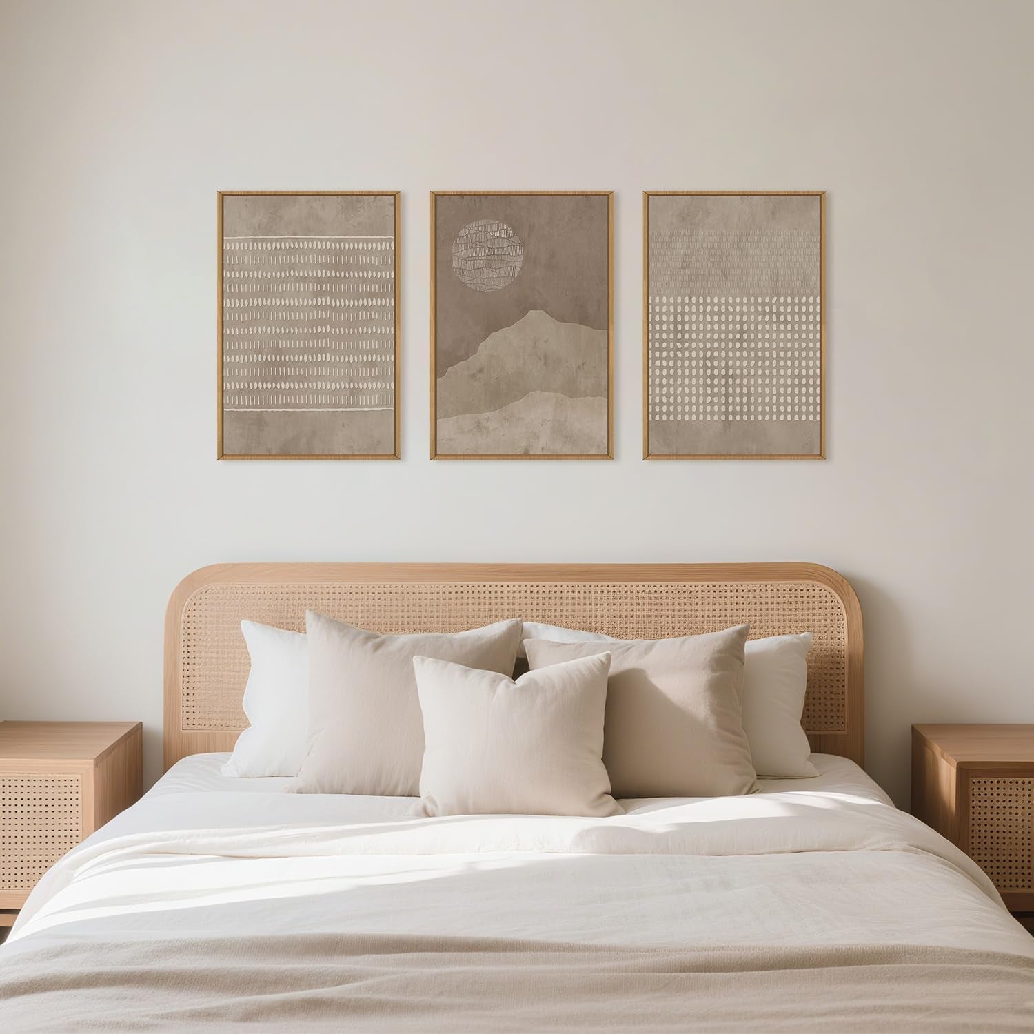 Large Mid Century Tan Beige Framed Canvas Wall Art Set-16"X24"X3 | Neutral Geometric Lines Dots Shapes Wall Decor,Abstract Boho Sunset and Mountain Artwork for Living Room,Bedroom,Office