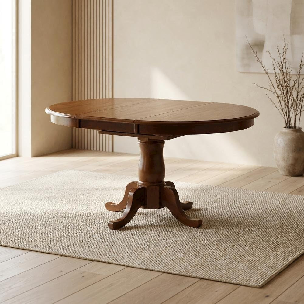 Oval Dining Table Solid Wood Expandable Table for 6 with 18" Butterfly Leaf, Classic Pedestal Base for Kitchen and Dining Spaces, Saddle Brown