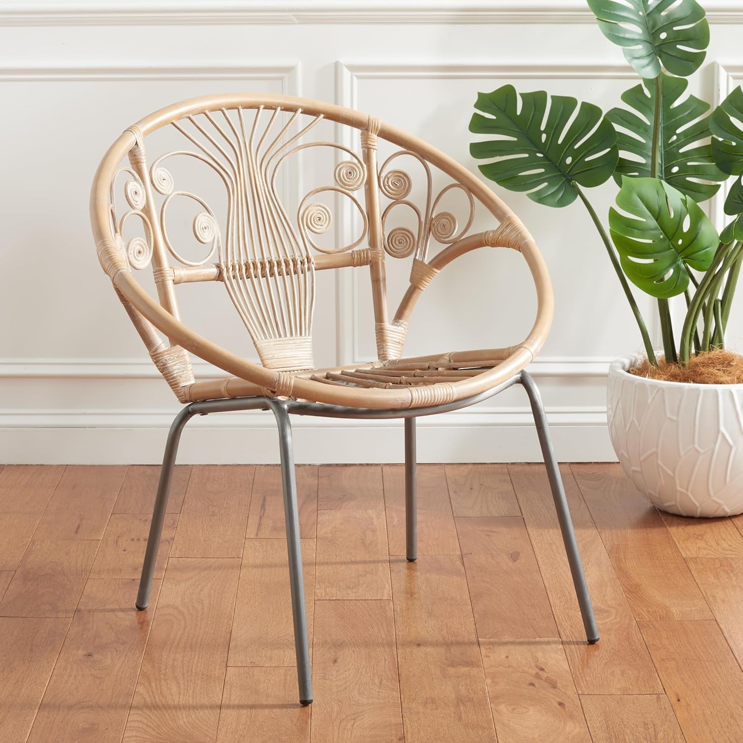 Grey and white rattan round accent chair