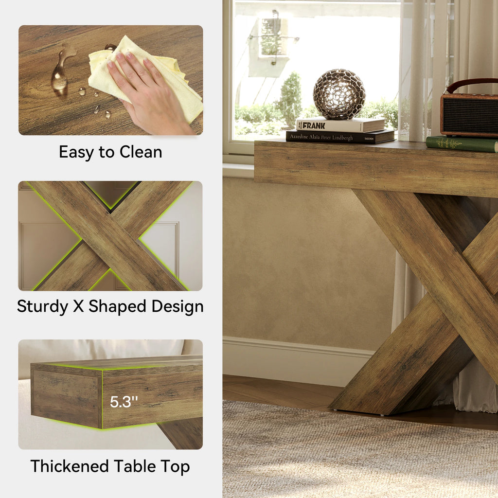 Narrow Console Table, 140 Cm Country-Style Entryway Table, X-Shaped Coffee Table behind the Sofa for Living Room, Entrance Area, Foyer, Hallway, Rustic Brown