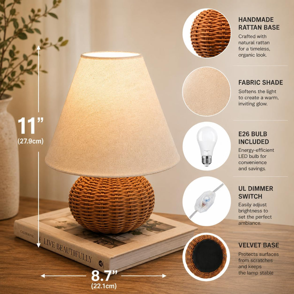 11" Small Mini Wicker Table Lamp, Dimmable Rattan Bamboo Lamp with Off-White Fabric Shade, Boho Accent Light for Nightstand, Nursery, Small Spaces, Kitchen Counter, Bookshelf