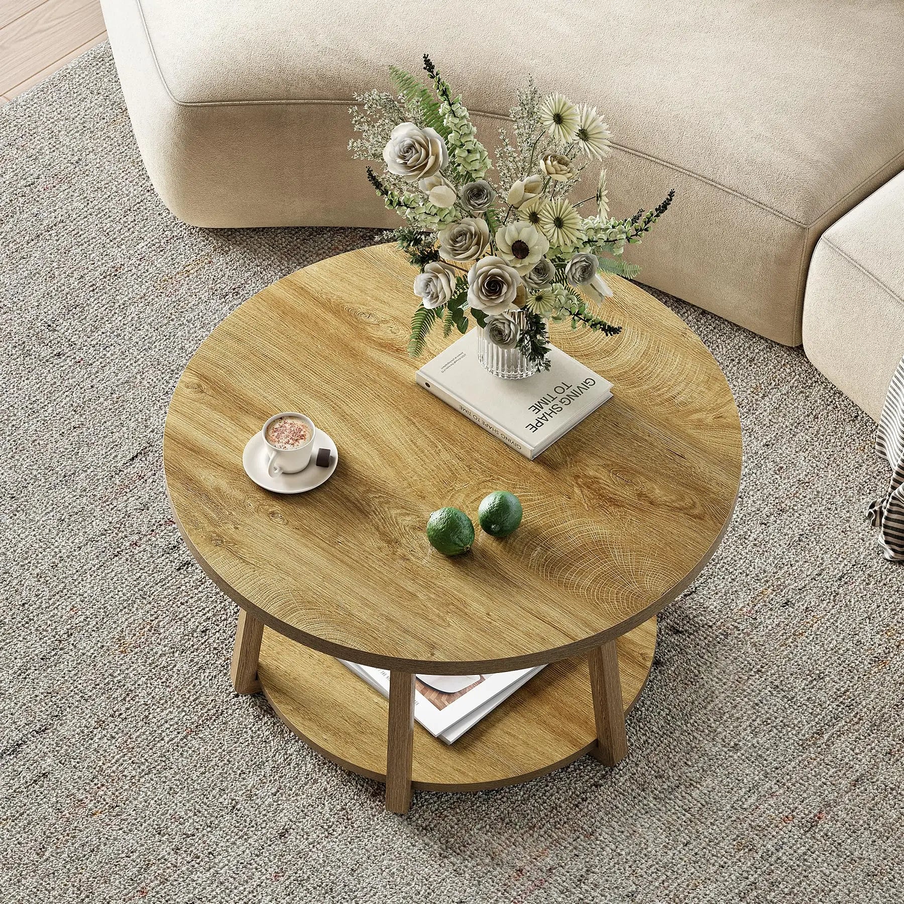 round Coffee Table, 2-Tier Center Table with Storage, Wooden Legs, for Living Room, Bedroom, Easy Assembly