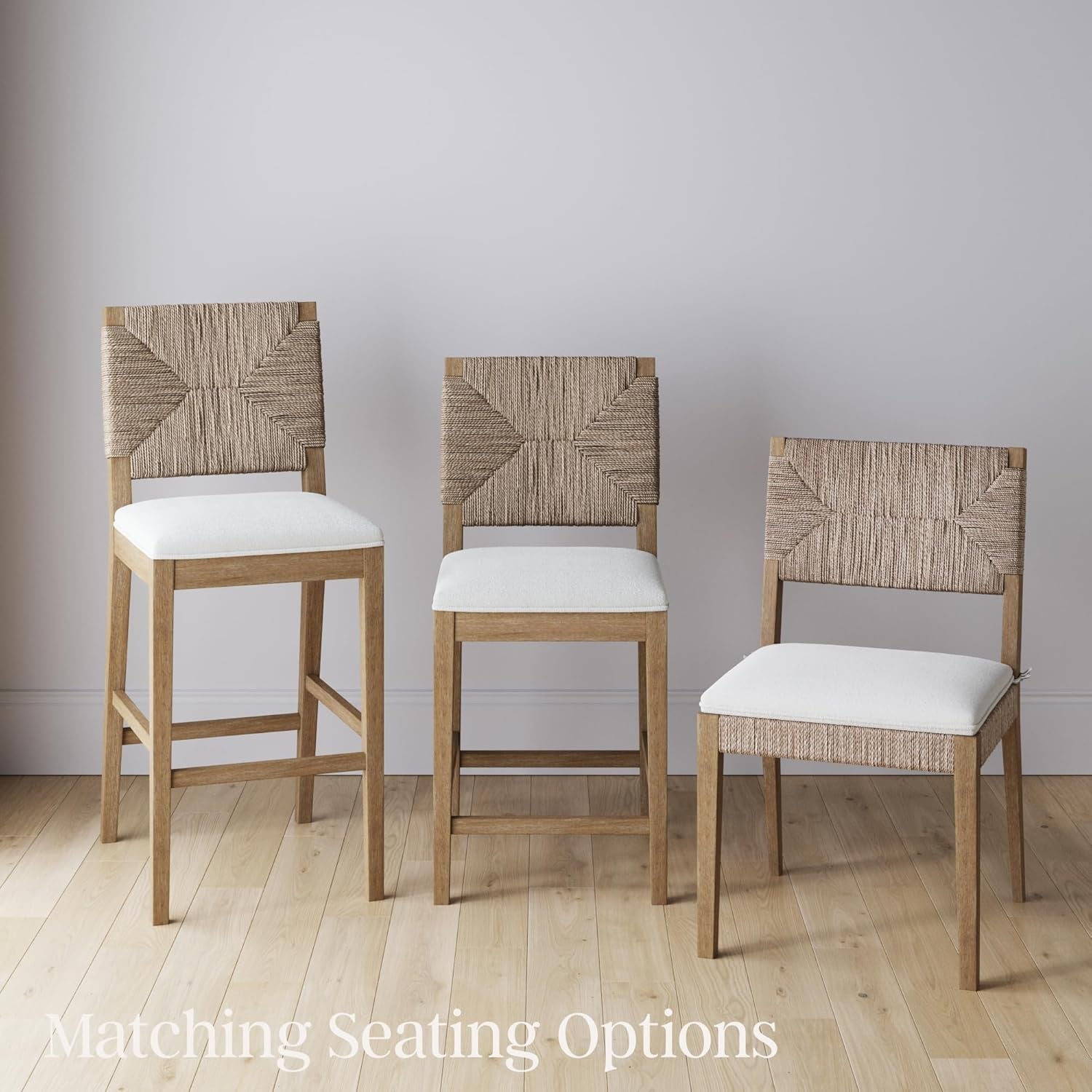Nathan James Beacon Bohemian Boucle Bar Stool with Back, Bar Height Kitchen Island Chair, Seagrass Bar Stool, Cream Boucle/Brushed Light Brown