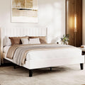 Queen Size Velvet Bed Frame/Vertical Channel Tufted Wingback Headboard/Upholstered Platform Bed/Wood Slats/No Box Spring Needed/Easy Assembly/Beige
