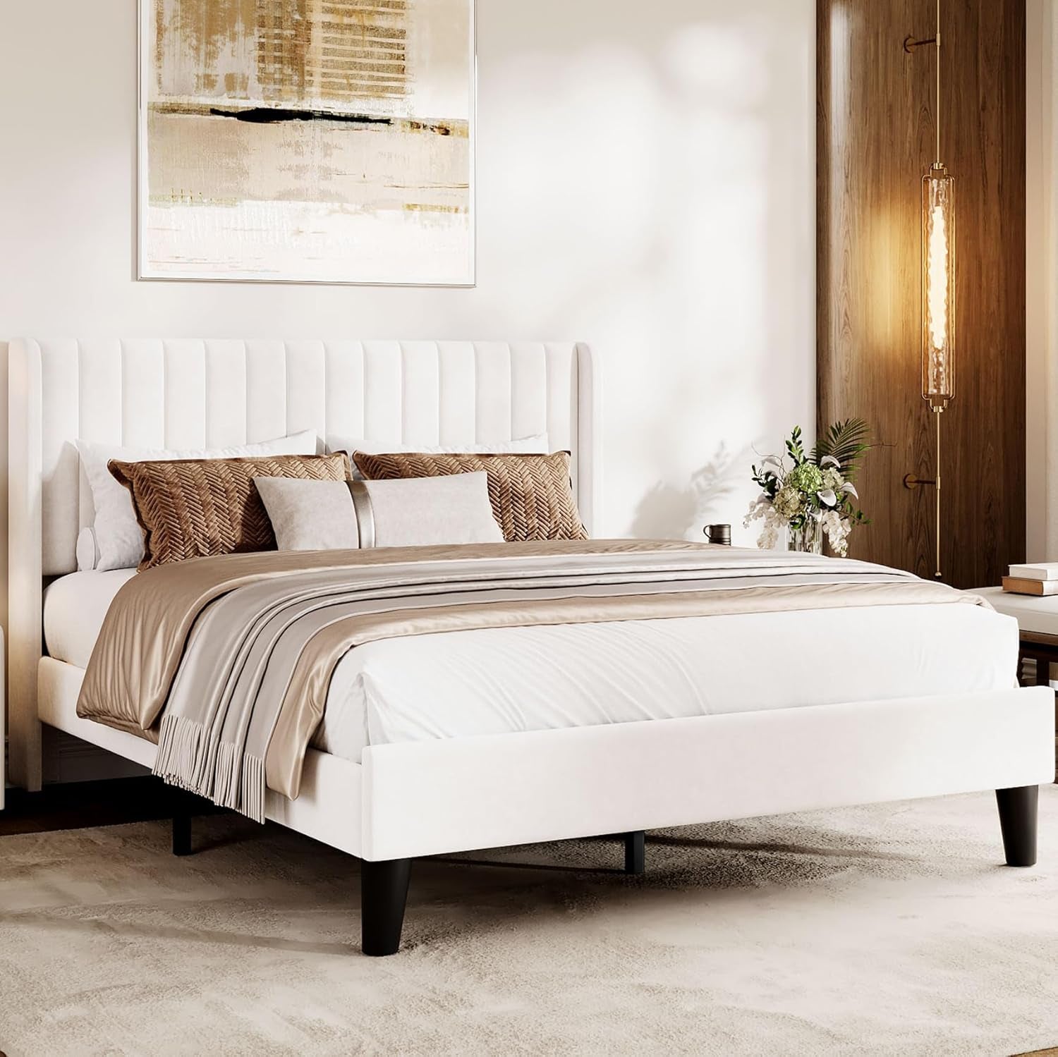 Queen Size Velvet Bed Frame/Vertical Channel Tufted Wingback Headboard/Upholstered Platform Bed/Wood Slats/No Box Spring Needed/Easy Assembly/Beige